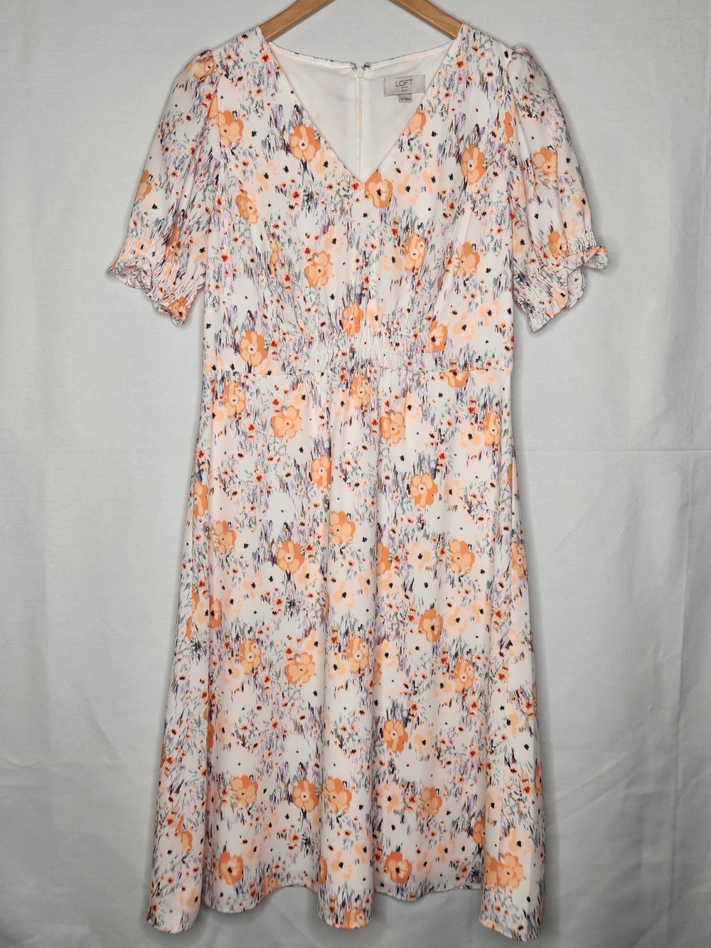 LOFT White Dress with Peach Floral Print Midi